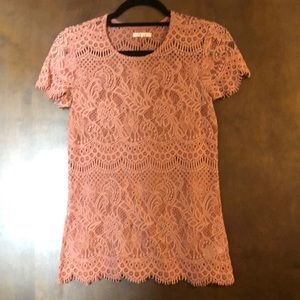 Pink women’s sheer dressy top tee shirt caps sleeve top